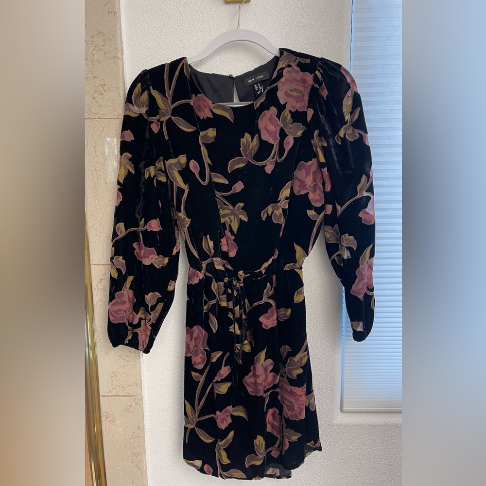New Look Black and Pink Floral Velvet Dress with Sheer Long Sleeves